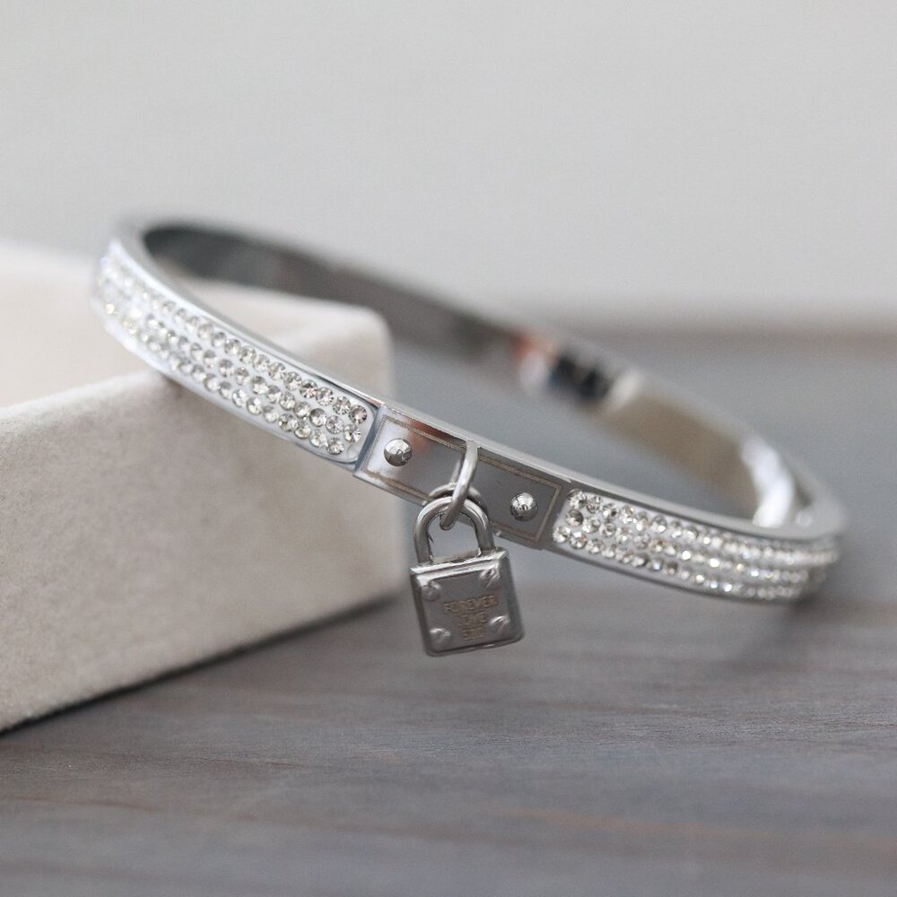 Lock Dangling Style with Rhinestones Bangle Bracelet Silver Stainless Steel